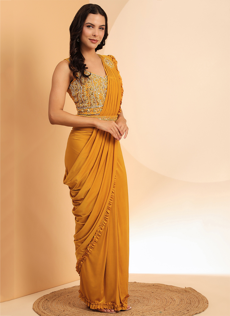Buy Yellow Imported Embroidery Work Party Wear Ready To Wear Saree ...